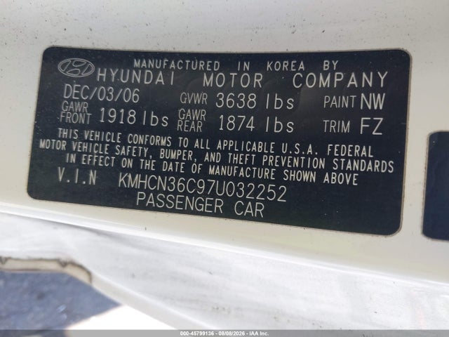45799136 :رقم المزاد ، KMHCN36C97U032252 vin ، 2007 Hyundai Accent Se مزاد بيع