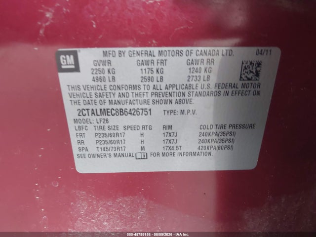 Продажа на аукционе авто 2011 Gmc Terrain Sle-1, vin: 2CTALMEC8B6426751, номер лота: 45799158