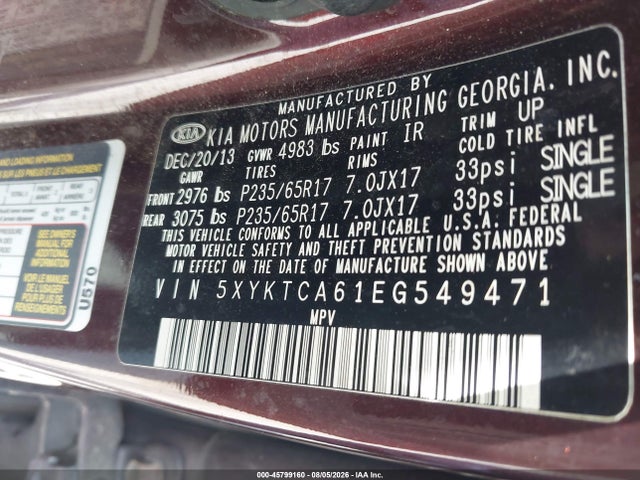 Продажа на аукционе авто 2014 Kia Sorento Lx, vin: 5XYKTCA61EG549471, номер лота: 45799160