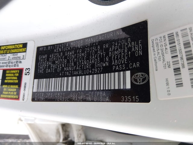 45799163 :رقم المزاد ، 4T1NZ1AK8LU042927 vin ، 2020 Toyota Camry Trd مزاد بيع