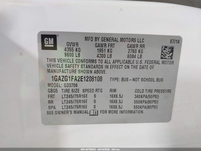 Aukcja sprzedaży 2014 Chevrolet Express 3500 Lt, vin: 1GAZG1FA2E1208108, numer aukcji: 45799202