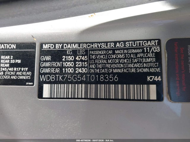 45799206 :رقم المزاد ، WDBTK75G54T018356 vin ، 2004 Mercedes-benz Clk 500 مزاد بيع