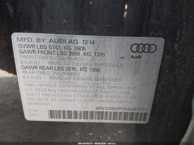 45799218 :رقم المزاد ، WA1CMAFP0FA087231 vin ، 2015 Audi Q5 3.0 Tdi Premium Plus مزاد بيع