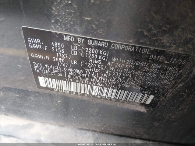 Продажа на аукционе авто 2021 Subaru Outback Premium, vin: 4S4BTADC4M3152597, номер лота: 45799237