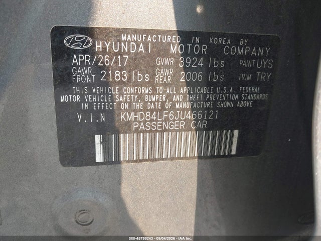Продажа на аукционе авто 2018 Hyundai Elantra Sel, vin: KMHD84LF6JU466121, номер лота: 45799243
