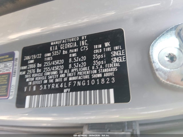 45799262 :رقم المزاد ، 5XYRK4LF7NG101823 vin ، 2022 Kia Sorento Sx Prestige مزاد بيع