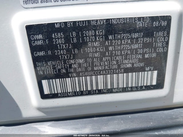 2010 Subaru Outback 2.5i Premium მანქანა იყიდება აუქციონზე, vin: 4S4BRCCC4A3321458, აუქციონის ნომერი: 45799270