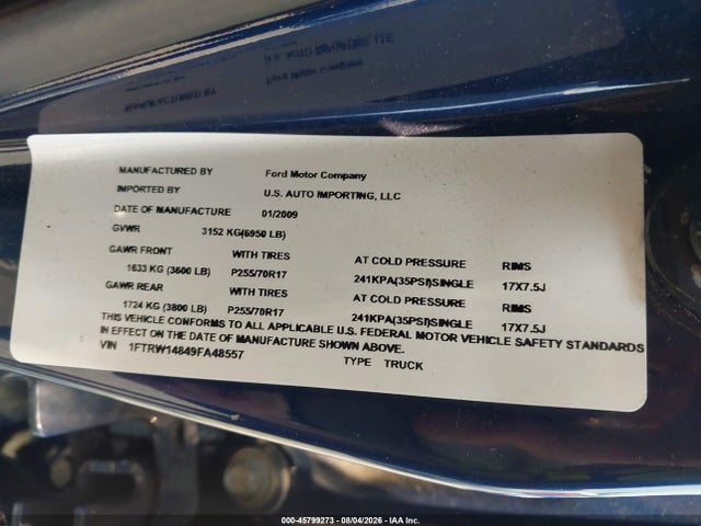 45799273 :رقم المزاد ، 1FTRW14849FA48557 vin ، 2009 Ford F-150 Xl/xlt مزاد بيع