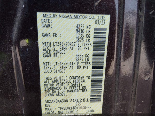 2013 Nissan Nv Passenger Nv3500 Hd Sl V8 მანქანა იყიდება აუქციონზე, vin: 5BZAF0AA3DN201281, აუქციონის ნომერი: 45799280