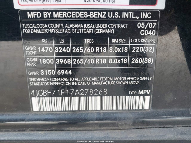 45799291 :رقم المزاد ، 4JGBF71E17A278268 vin ، 2007 Mercedes-benz Gl 450 4matic مزاد بيع