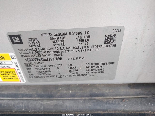 45799306 :رقم المزاد ، 1GKKVPKD9DJ177895 vin ، 2013 Gmc Acadia Sle-2 مزاد بيع