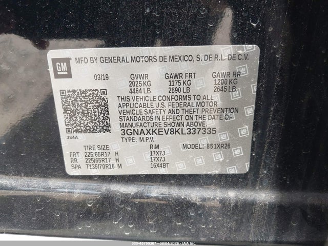 45799307 :رقم المزاد ، 3GNAXKEV8KL337335 vin ، 2019 Chevrolet Equinox Lt مزاد بيع