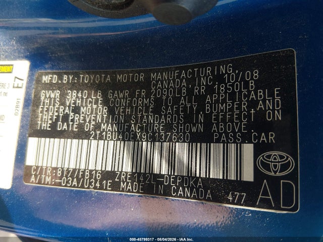 45799317 :رقم المزاد ، 2T1BU40EX9C137630 vin ، 2009 Toyota Corolla مزاد بيع