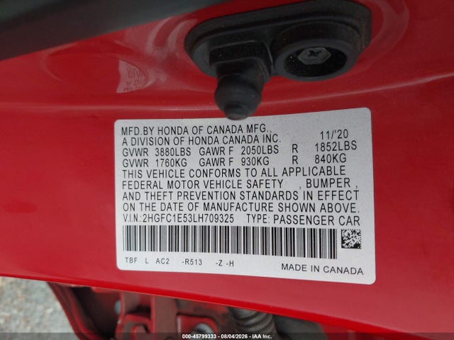 Aukcja sprzedaży 2020 Honda Civic Si Sedan, vin: 2HGFC1E53LH709325, numer aukcji: 45799333