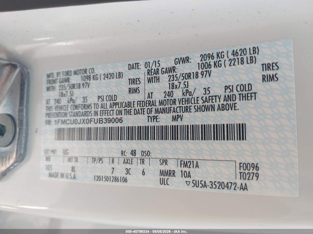 45799334 :رقم المزاد ، 1FMCU0JX0FUB39006 vin ، 2015 Ford Escape Titanium مزاد بيع