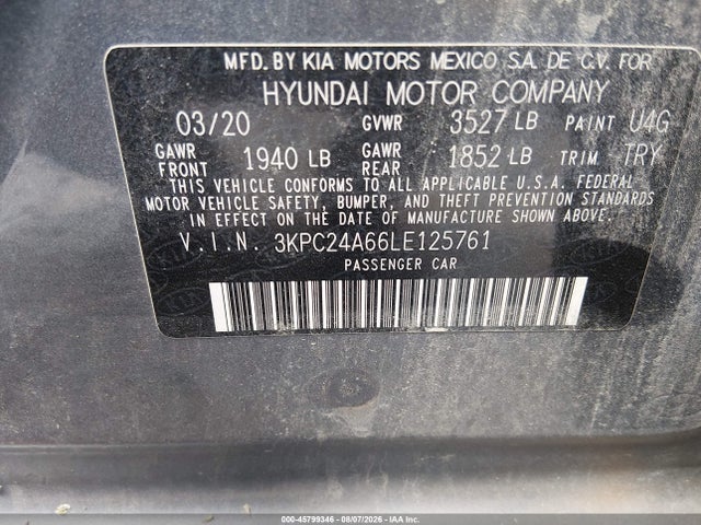 45799346 :رقم المزاد ، 3KPC24A66LE125761 vin ، 2020 Hyundai Accent Se مزاد بيع