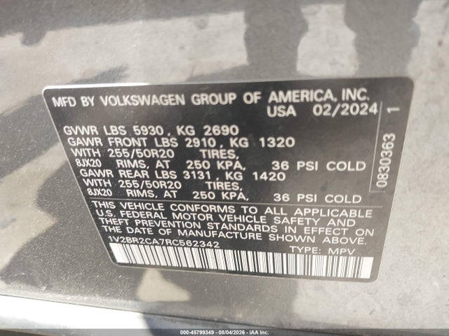 Продаж на аукціоні авто 2024 Volkswagen Atlas 2.0t Sel, vin: 1V2BR2CA7RC562342, номер лоту: 45799349