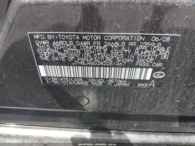 Продаж на аукціоні авто 2008 Lexus Es 350, vin: JTHBJ46G282261467, номер лоту: 45799364