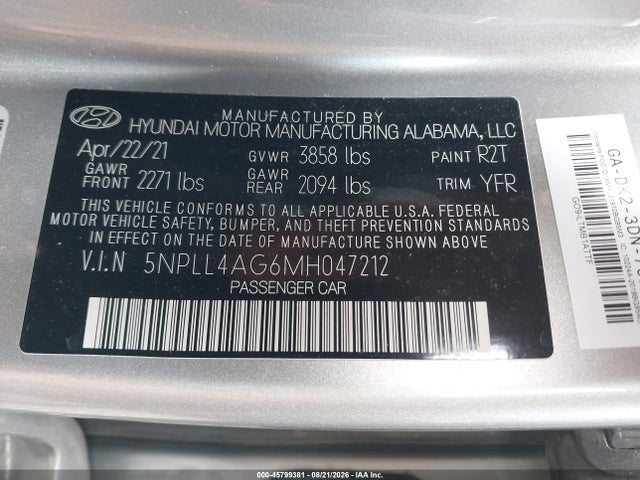 2021 Hyundai Elantra Se მანქანა იყიდება აუქციონზე, vin: 5NPLL4AG6MH047212, აუქციონის ნომერი: 45799381