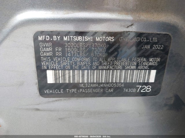 Продаж на аукціоні авто 2022 Mitsubishi Mirage Se, vin: ML32AWHJ4NH005364, номер лоту: 45799385