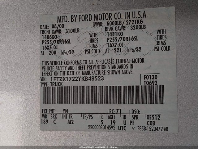 Aukcja sprzedaży 2000 Ford F-150 Work Series/xl/xlt, vin: 1FTZX1722YKB48523, numer aukcji: 45799400