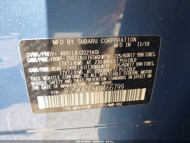 Продажа на аукционе авто 2019 Subaru Forester, vin: JF2SKACC5KH466799, номер лота: 45799404