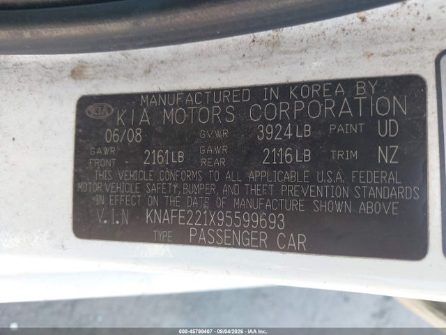 2009 Kia Spectra Ex მანქანა იყიდება აუქციონზე, vin: KNAFE221X95599693, აუქციონის ნომერი: 45799407
