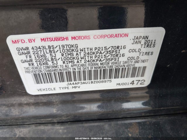 45799415 :رقم المزاد ، JA4AP3AU1BZ008975 vin ، 2011 Mitsubishi Outlander Sport Es مزاد بيع