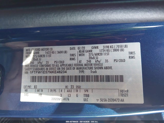 Ford F-150 Lariat 2022 1FTFW1E57NKE48234 Image 9