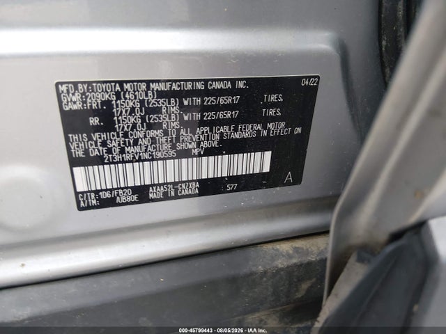 Aukcja sprzedaży 2022 Toyota Rav4 Le, vin: 2T3H1RFV1NC190595, numer aukcji: 45799443