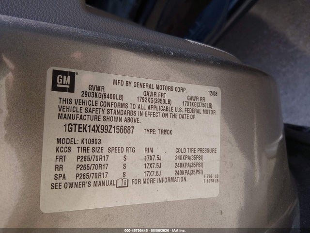 45799445 :رقم المزاد ، 1GTEK14X99Z156687 vin ، 2009 Gmc Sierra 1500 Work Truck مزاد بيع