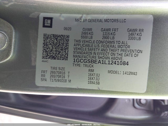 Продаж на аукціоні авто 2020 Chevrolet Colorado 2wd  Short Box Wt, vin: 1GCGSBEA1L1241084, номер лоту: 45799448