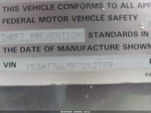 1989 Saab 900 მანქანა იყიდება აუქციონზე, vin: YS3AT76L9K7012799, აუქციონის ნომერი: 45799480