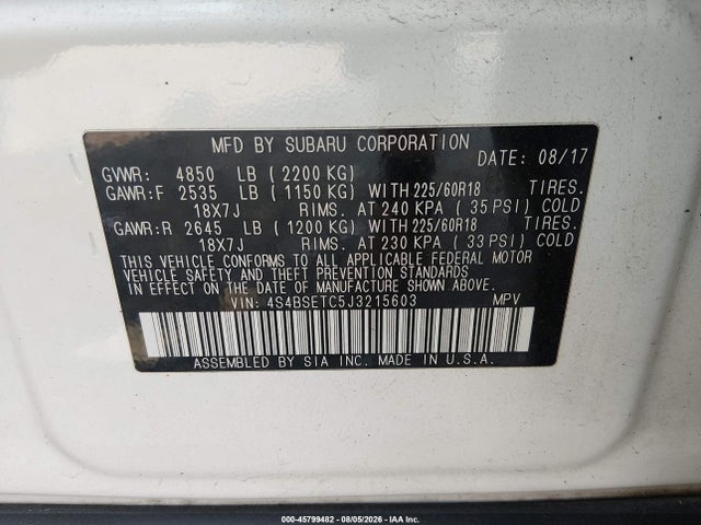 45799482 :رقم المزاد ، 4S4BSETC5J3215603 vin ، 2018 Subaru Outback 3.6r Touring مزاد بيع