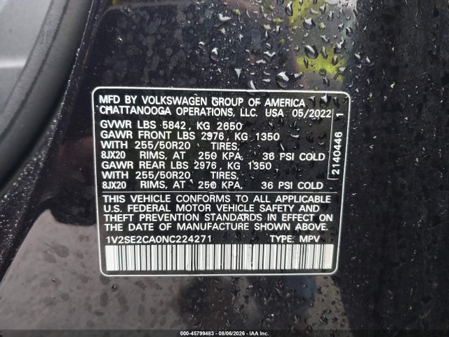 2022 Volkswagen Atlas Cross Sport 3.6l V6 Sel R-line მანქანა იყიდება აუქციონზე, vin: 1V2SE2CA0NC224271, აუქციონის ნომერი: 45799483