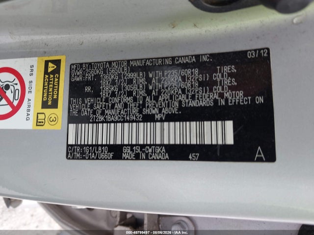 Aukcja sprzedaży 2012 Lexus Rx 350, vin: 2T2BK1BA9CC149432, numer aukcji: 45799497