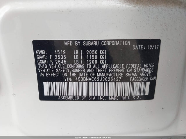 Aukcja sprzedaży 2018 Subaru Legacy 2.5i Premium, vin: 4S3BNAC62J3026437, numer aukcji: 45799501