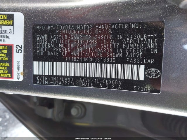 4T1B21HK2KU518830 Toyota Camry Hybrid Xle