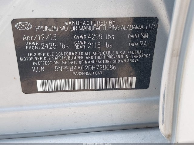 45799524 :رقم المزاد ، 5NPEB4AC2DH728086 vin ، 2013 Hyundai Sonata Gls مزاد بيع