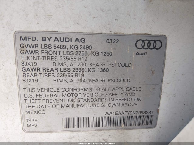 2022 Audi Q5 Premium Plus 45 Tfsi S Line Quattro S Tronic მანქანა იყიდება აუქციონზე, vin: WA1EAAFY9N2093287, აუქციონის ნომერი: 45799531