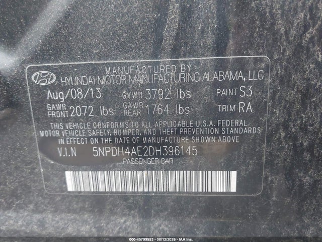 Aukcja sprzedaży 2013 Hyundai Elantra Limited, vin: 5NPDH4AE2DH396145, numer aukcji: 45799553