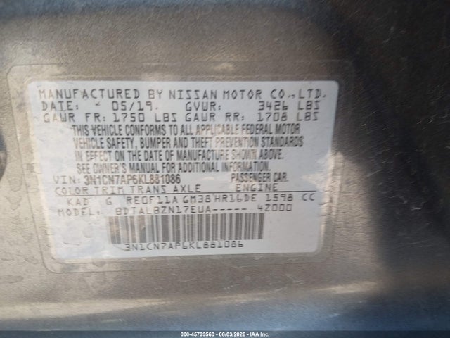 3N1CN7AP6KL881086 Nissan Versa 1.6 Sv