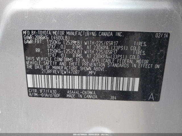 Продаж на аукціоні авто 2014 Toyota Rav4 Xle, vin: 2T3RFREV1EW147087, номер лоту: 45799564