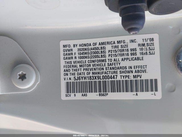 2009 Honda Element Lx მანქანა იყიდება აუქციონზე, vin: 5J6YH183X9L000447, აუქციონის ნომერი: 45799571