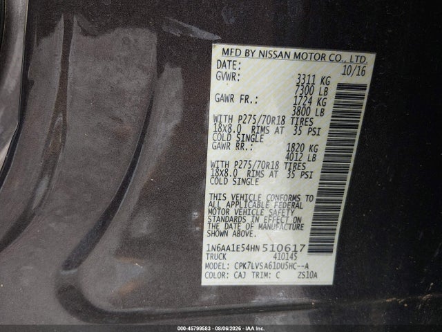 Aukcja sprzedaży 2017 Nissan Titan Sl, vin: 1N6AA1E54HN510617, numer aukcji: 45799583