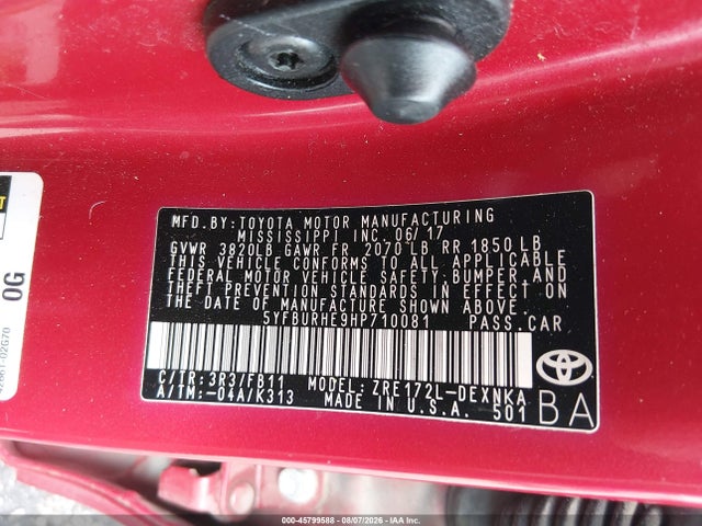 Aukcja sprzedaży 2017 Toyota Corolla Le, vin: 5YFBURHE9HP710081, numer aukcji: 45799588