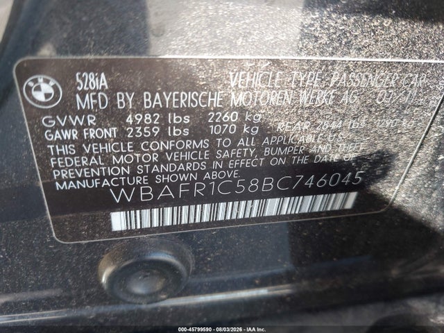 Продажа на аукционе авто 2011 Bmw 528i, vin: WBAFR1C58BC746045, номер лота: 45799590