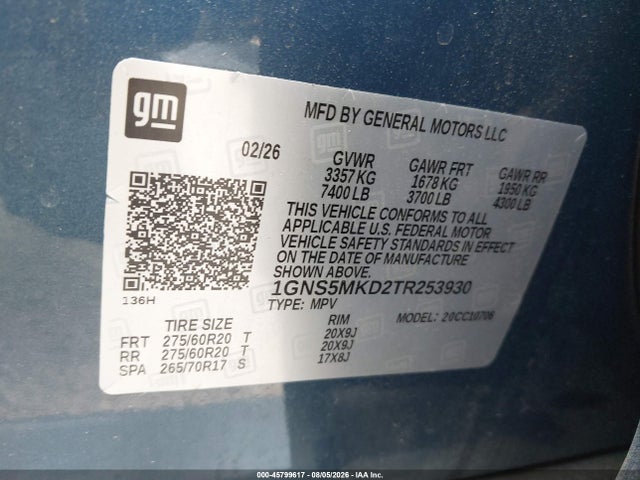 2026 Chevrolet Tahoe Ls მანქანა იყიდება აუქციონზე, vin: 1GNS5MKD2TR253930, აუქციონის ნომერი: 45799617