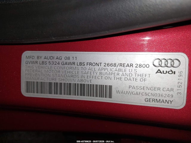 45799620 :رقم المزاد ، WAUWGAFC5CN036249 vin ، 2012 Audi A7 Premium مزاد بيع