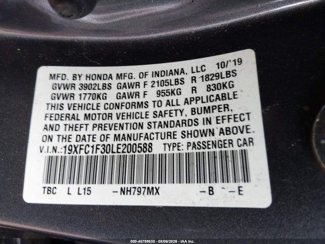 Aukcja sprzedaży 2020 Honda Civic Ex, vin: 19XFC1F30LE200588, numer aukcji: 45799630
